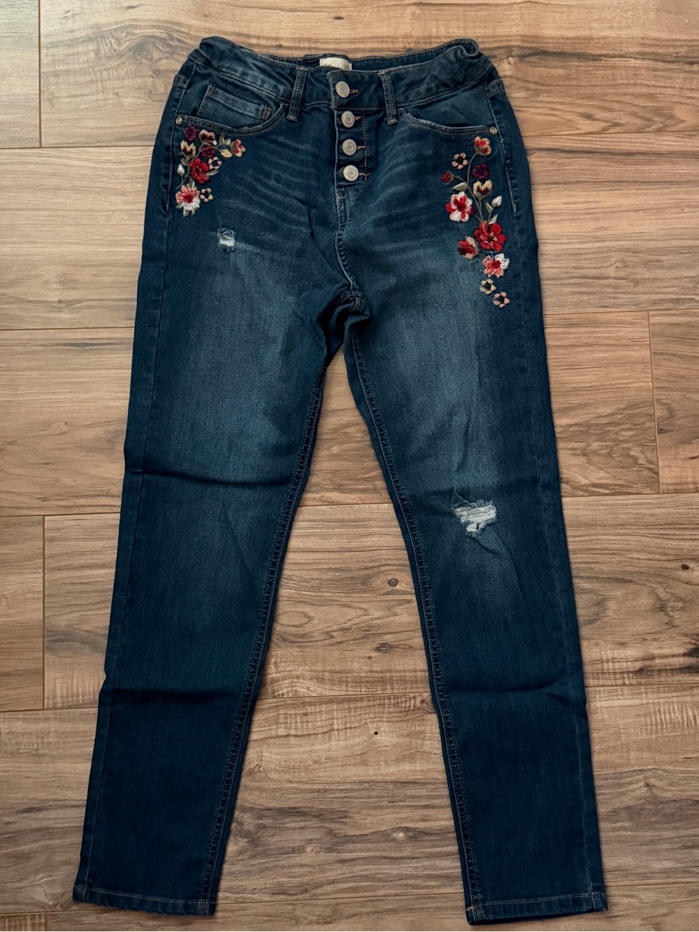 SO Girls Dark Wash Jeans with Red Floral Embroidery